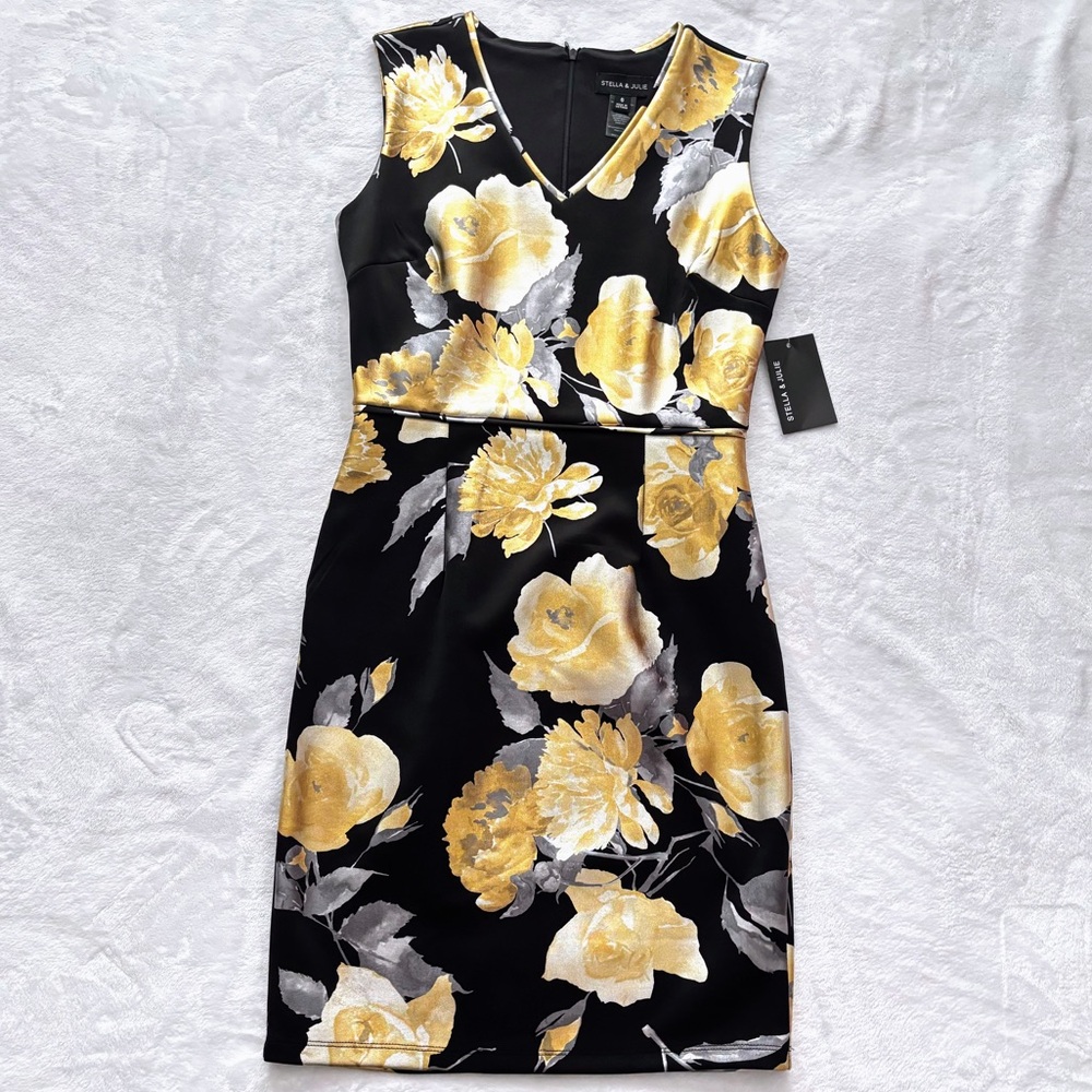 STELLA & JULIE Metallic Gold & Silver on Black Floral Cocktail Dress--6